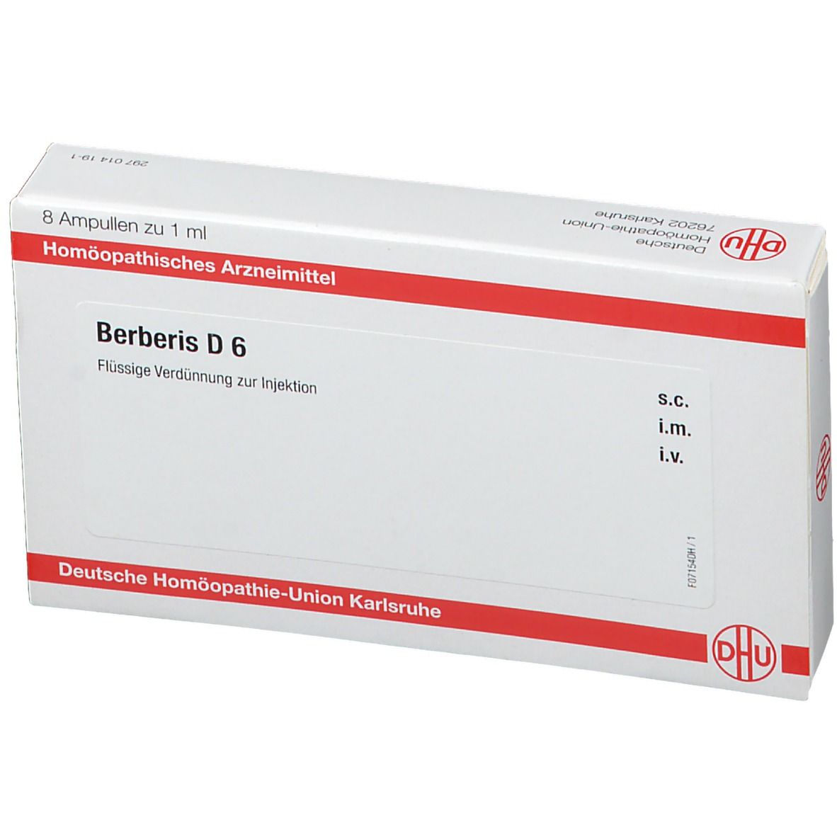 Weiße Schachtel mit roter Umrandung. Aufschrift: Berberis D 6. Enthält 8 Ampullen. Logo: DHU.