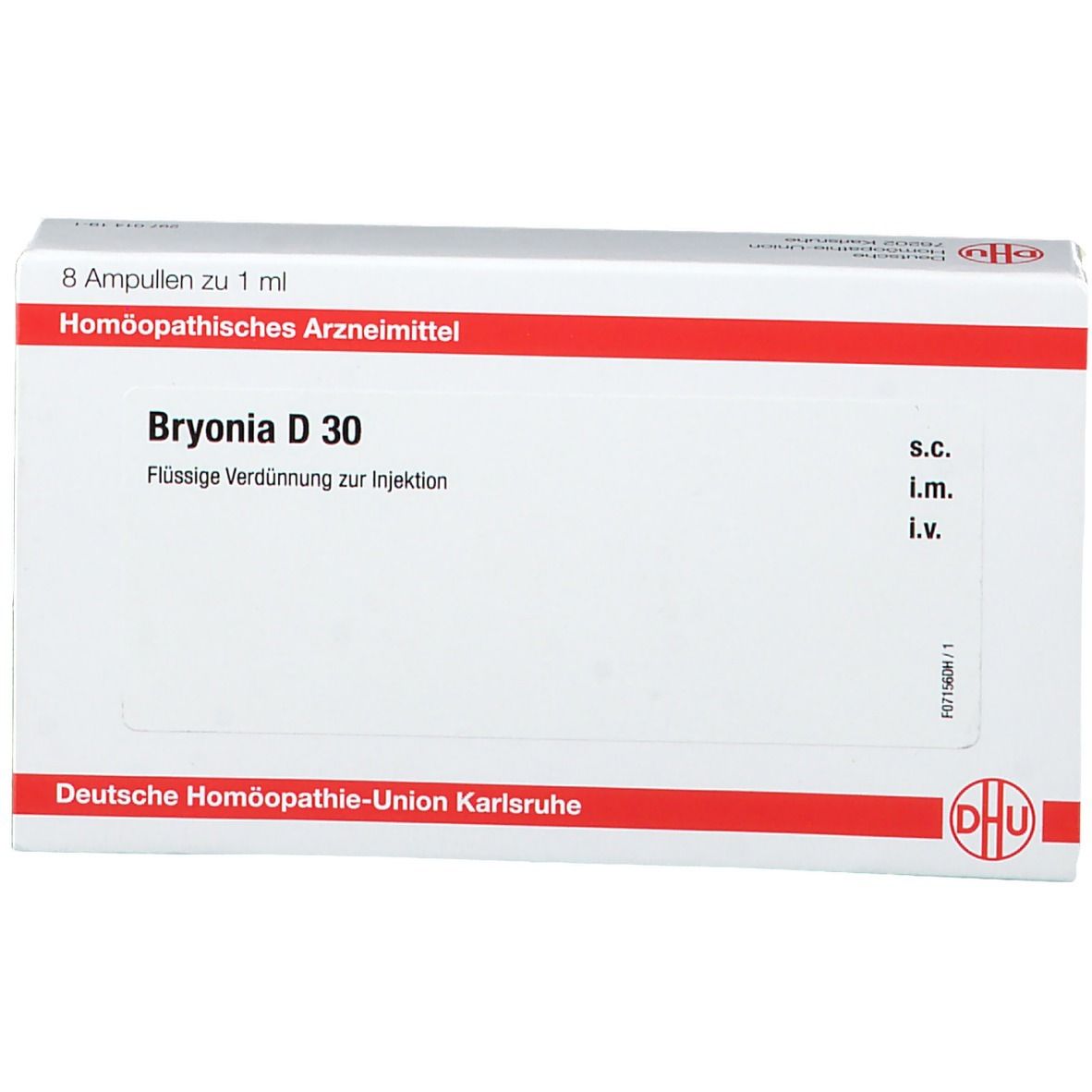 Schachtel mit DHU Bryonia D30 Ampullen. Rote und weiße Verpackung mit Produktnamen und DHU-Logo. 8 Ampullen.