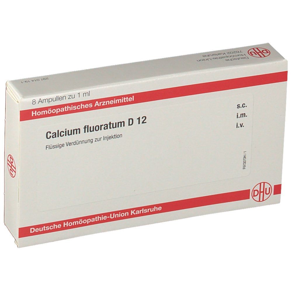 Weiße Schachtel mit roter Linie, Aufschrift "Calcium fluoratum D 12". Enthält 8 Ampullen. Text: "Flüssige Verdünnung zur Injektion". Logo DHU.