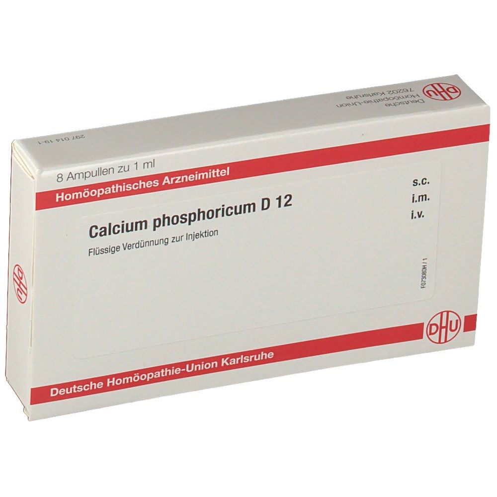 Weiße Schachtel mit roter Schrift. Aufschrift: Calcium phosphoricum D 12, 8 Ampullen. Logo: DHU. Deutsche Homöopathie-Union Karlsruhe.