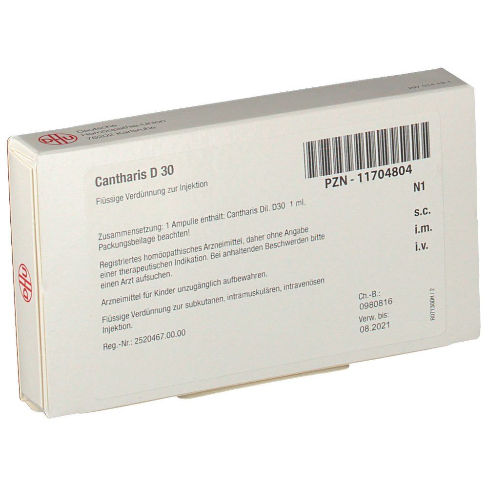 Weiße Schachtel mit Text: Cantharis D 30. Flüssige Verdünnung zur Injektion. DHU-Logo. Barcode und weitere Informationen.