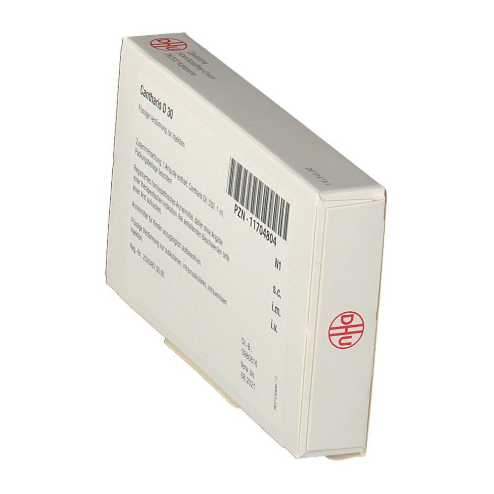 Schachtel, weiß mit Text: Cantharis D 30. Flüssige Verdünnung zur Injektion. DHU-Logo. Barcode und weitere Informationen.