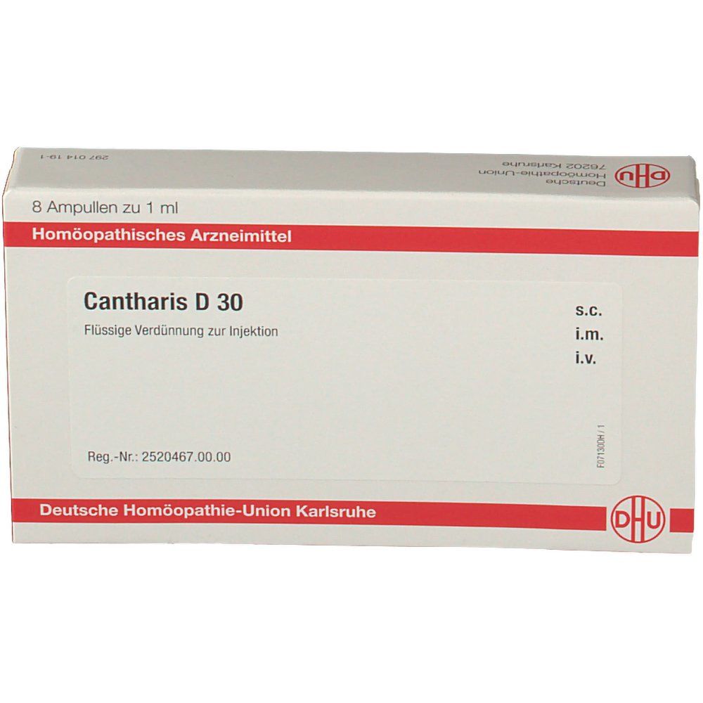 Weiße Schachtel mit roter Umrandung. Text: Cantharis D 30. Flüssige Verdünnung zur Injektion. 8 Ampullen. DHU-Logo.
