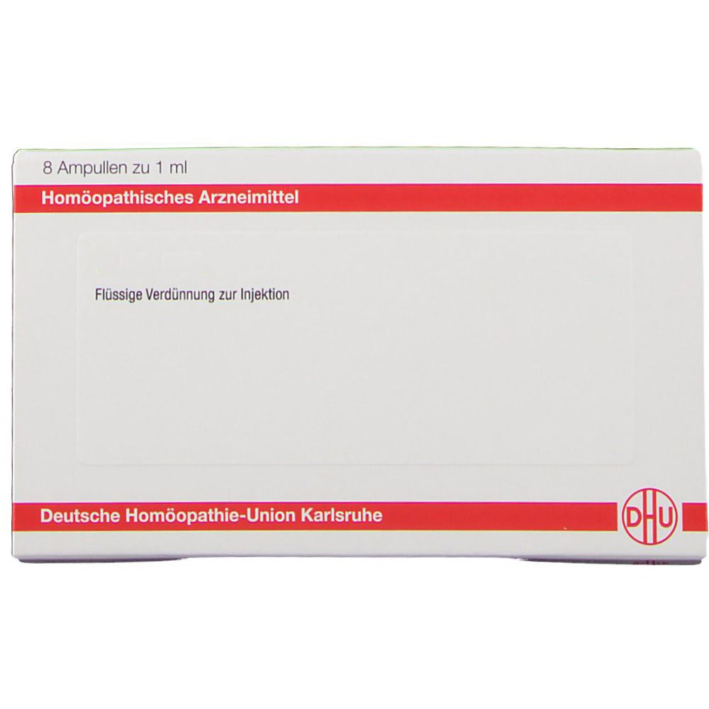 Weiße Schachtel mit roter Umrandung. Text: 8 Ampullen zu 1 ml, Homöopathisches Arzneimittel, Flüssige Verdünnung zur Injektion. DHU-Logo.