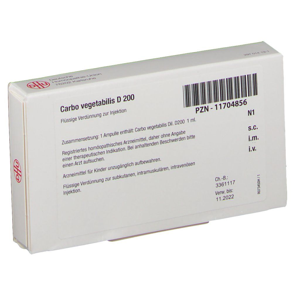 Weiße Schachtel mit Text und Barcode. Text: Carbo vegetabilis D 200, Flüssige Verdünnung zur Injektion. DHU-Logo. PZN-11704856. S.C., I.M., I.V.