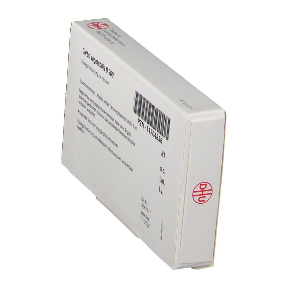 Weiße Schachtel mit Text und Barcode. Text: Carbo vegetabilis D 200, Flüssige Verdünnung zur Injektion. DHU-Logo. PZN-11704856. S.C., I.M., I.V.