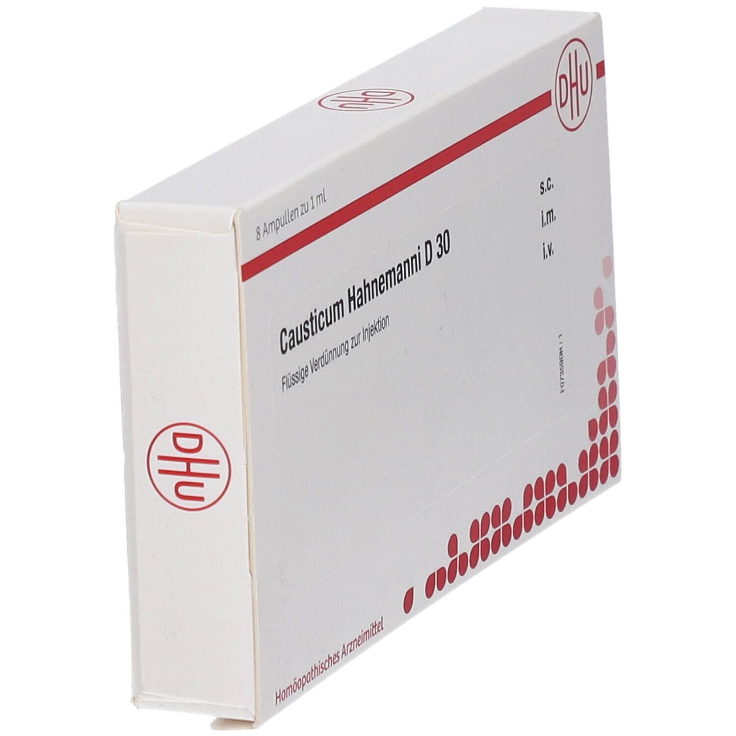 Weiße Schachtel mit roter und weißer Beschriftung. Enthält Causticum Hahnemanni D 30. DHU-Logo.