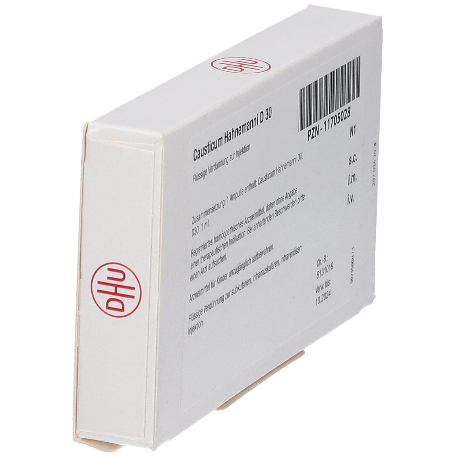 Weiße Schachtel mit roter und weißer Beschriftung. Enthält Causticum Hahnemanni D 30. DHU-Logo.