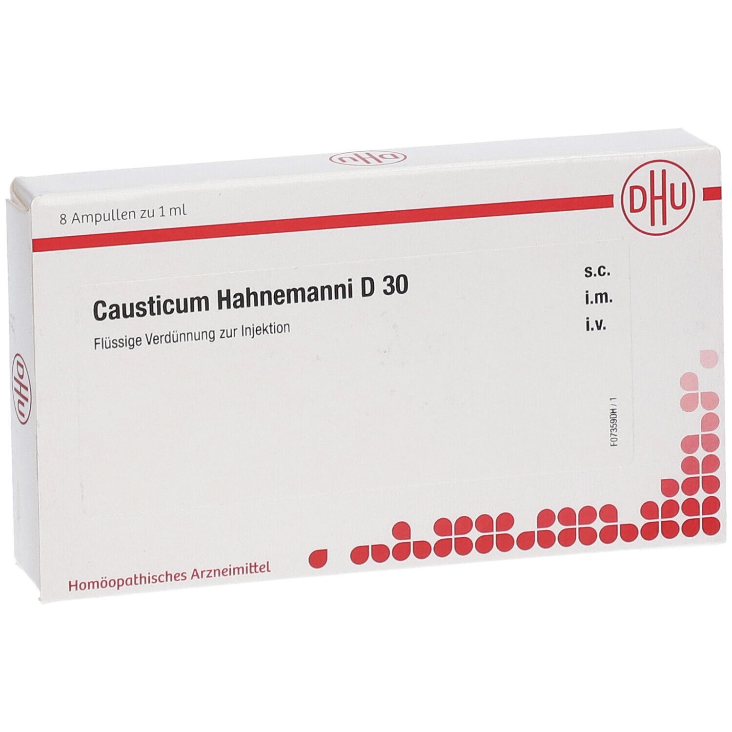 Weiße Schachtel mit roter und weißer Beschriftung. Enthält Causticum Hahnemanni D 30. DHU-Logo.