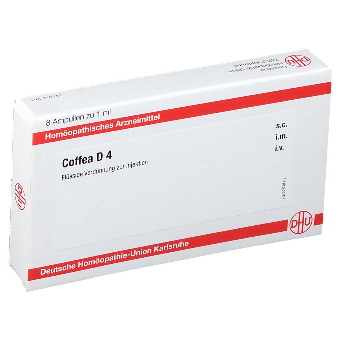 Weiße Schachtel mit roter Linie. Aufschrift: Coffea D 4, 8 Ampullen. Logo DHU. Homöopathisches Arzneimittel.