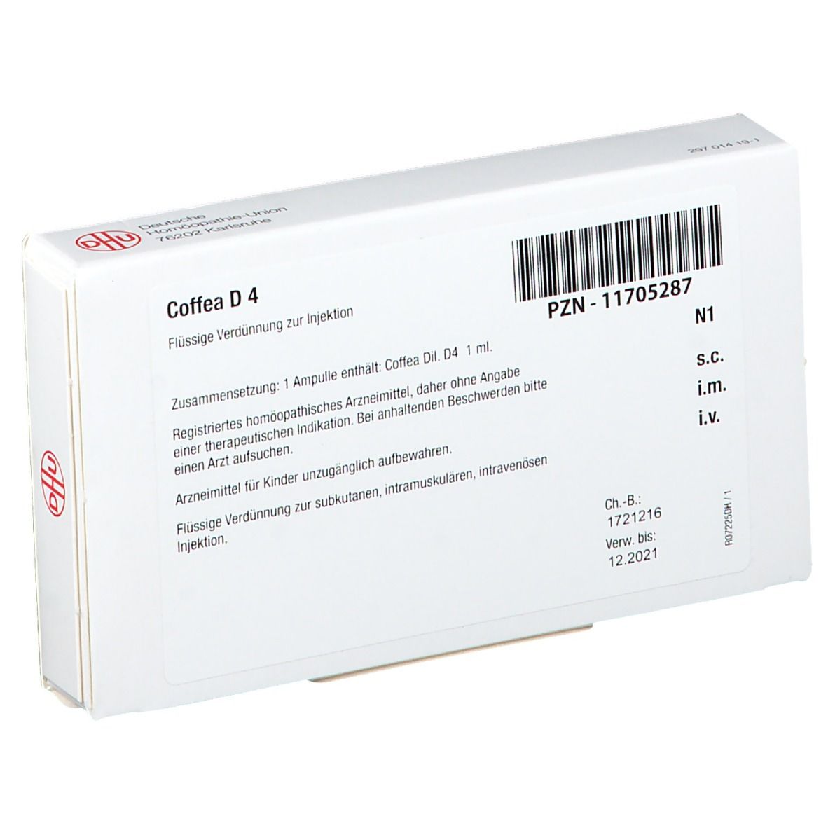 Schachtel mit Barcode und Text. Aufschrift: Coffea D 4. Logo DHU. Homöopathisches Arzneimittel. Rückansicht.