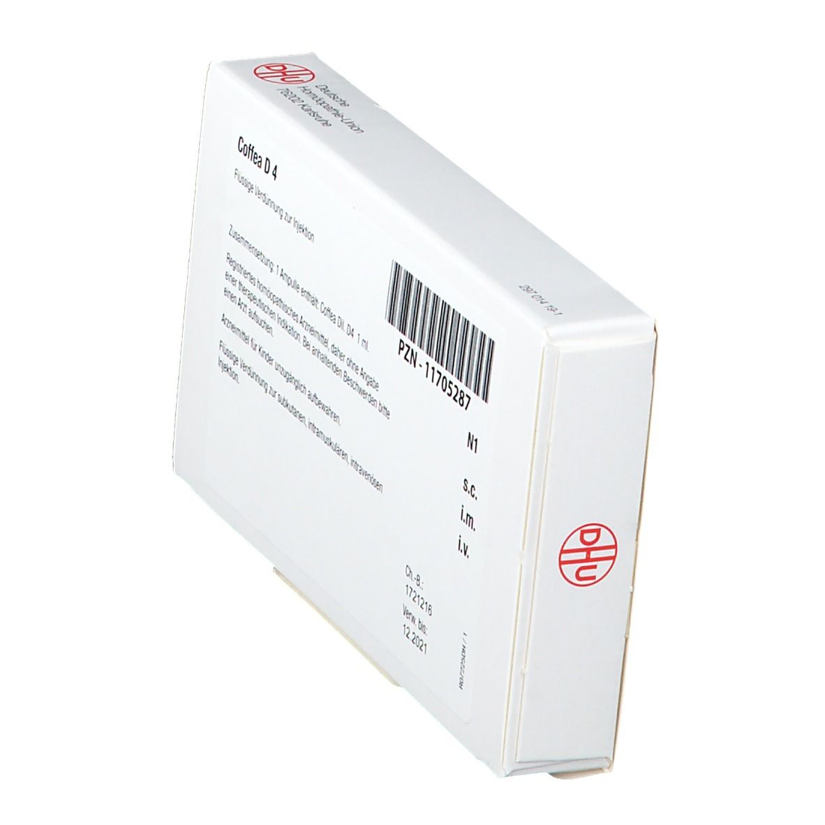 Schachtel mit Barcode und Text. Aufschrift: Coffea D 4. Logo DHU. Homöopathisches Arzneimittel. Schrägansicht.