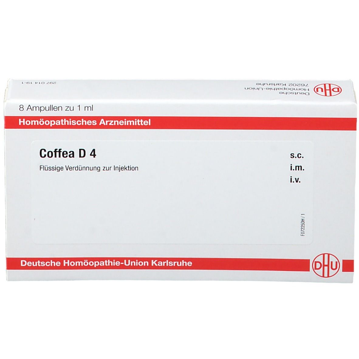 Weiße Schachtel mit roter Linie. Aufschrift: Coffea D 4, 8 Ampullen. Logo DHU. Homöopathisches Arzneimittel.