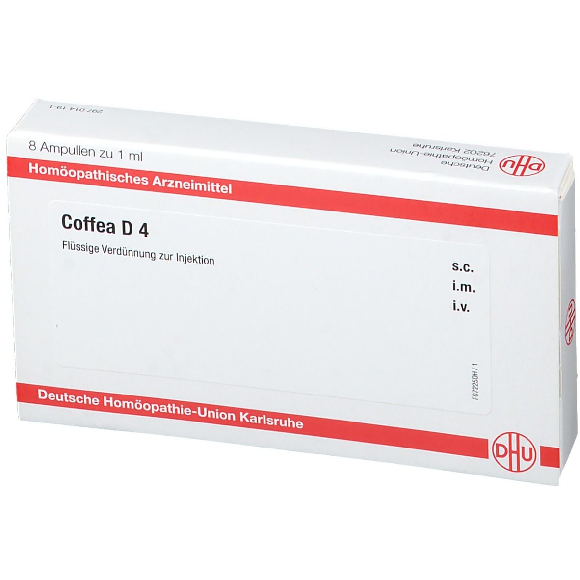 Weiße Schachtel mit roter Linie. Aufschrift: Coffea D 4, 8 Ampullen. Logo DHU. Homöopathisches Arzneimittel.