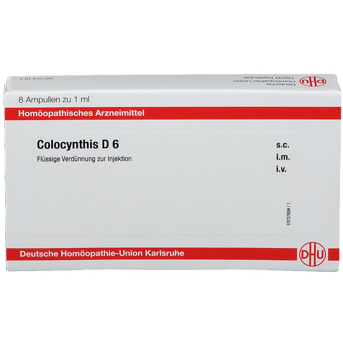 Schachtel mit 8 Ampullen. Rote und weiße Verpackung. Aufschrift: Colocynthis D 6, DHU Logo.