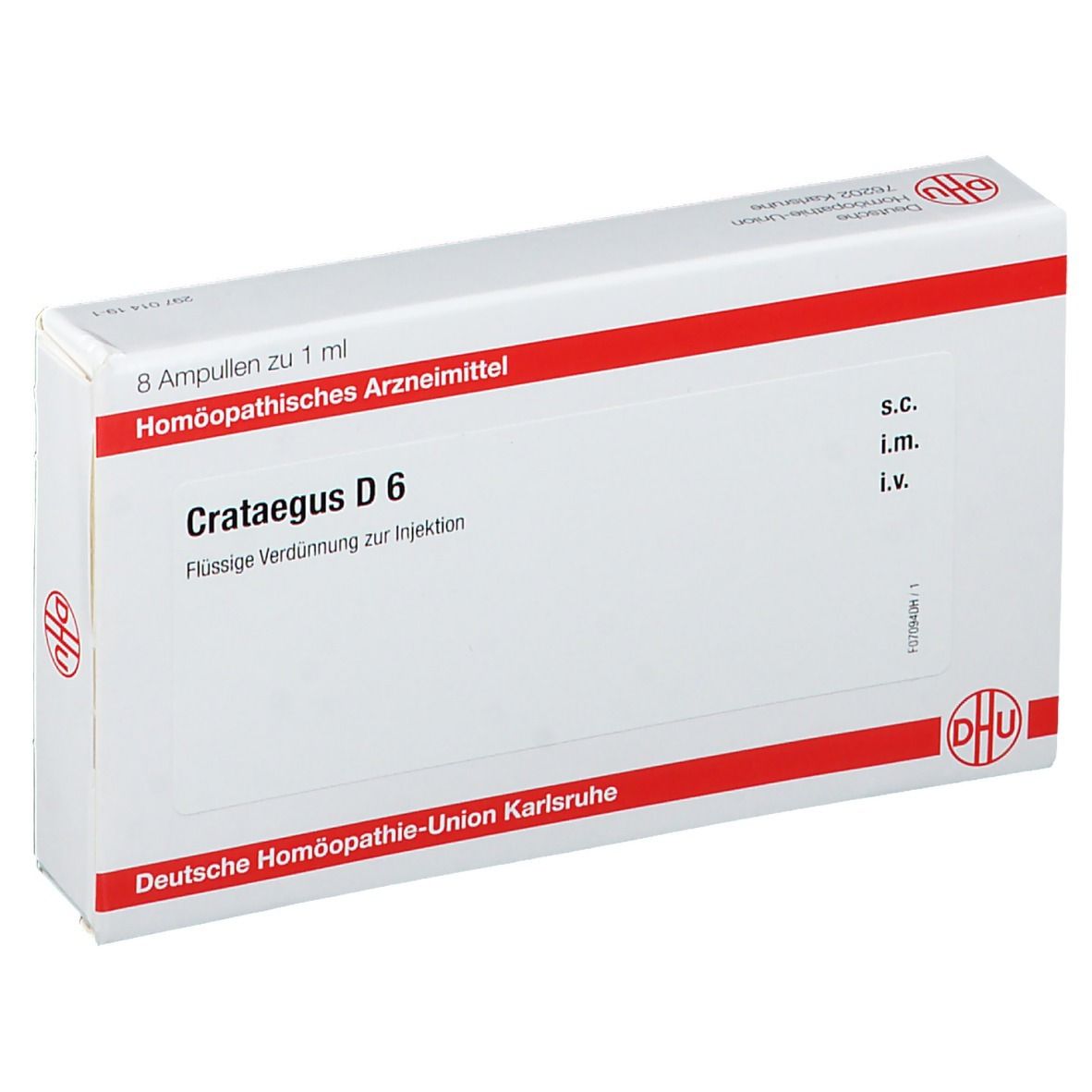 Weiße Schachtel mit roter Umrandung. Aufschrift: Crataegus D 6, 8 Ampullen. Logo: DHU.