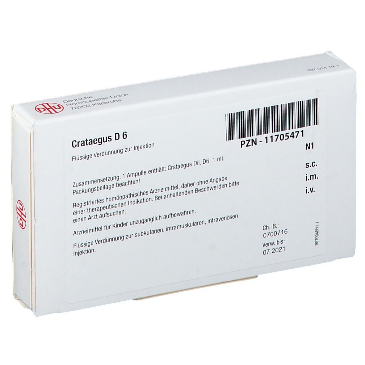 Weiße Schachtel mit Aufschrift Crataegus D 6. Logo DHU. Barcode und weitere Informationen.