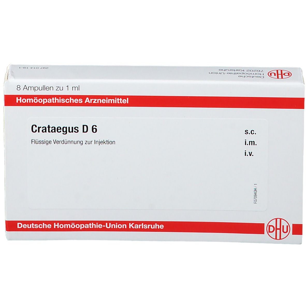 Weiße Schachtel mit roter Umrandung. Aufschrift: Crataegus D 6, 8 Ampullen. Logo: DHU.