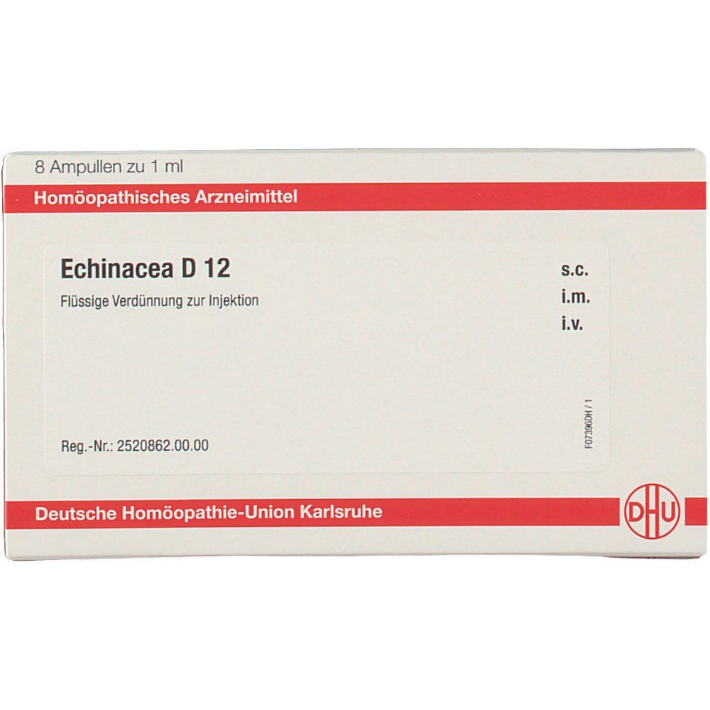 Verpackung mit 8 Ampullen DHU Echinacea D12. Rote Streifen, Produktname und DHU-Logo. Text: Homöopathisches Arzneimittel.