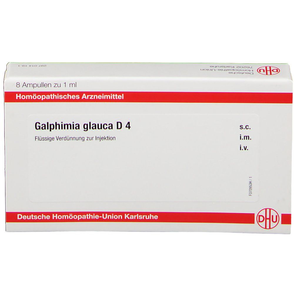 Verpackung von DHU Galphimia glauca D4. Weiß mit rotem Streifen. Text: Galphimia glauca D4, Flüssige Verdünnung zur Injektion.