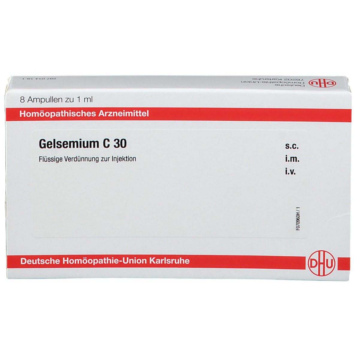 Weiße Schachtel mit roter Schrift. Aufschrift: Gelsemium C 30, 8 Ampullen, DHU Logo. Homöopathisches Arzneimittel.