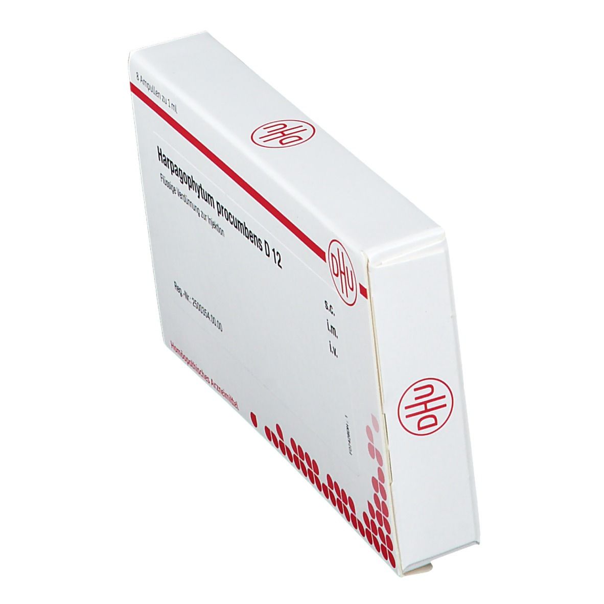 Weiße Schachtel mit roter Schrift. Aufschrift: Harpagophytum procumbens D 12. DHU-Logo. 8 Ampullen à 1 ml.