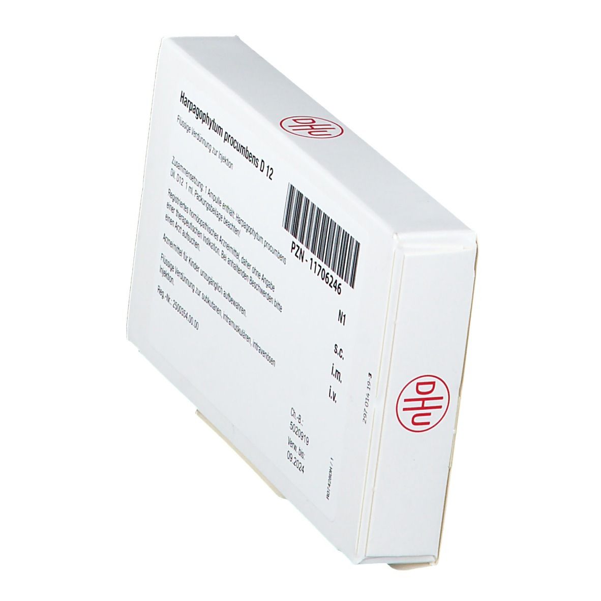 Weiße Schachtel mit roter Schrift. Aufschrift: Harpagophytum procumbens D 12. DHU-Logo. Barcode und weitere Informationen.