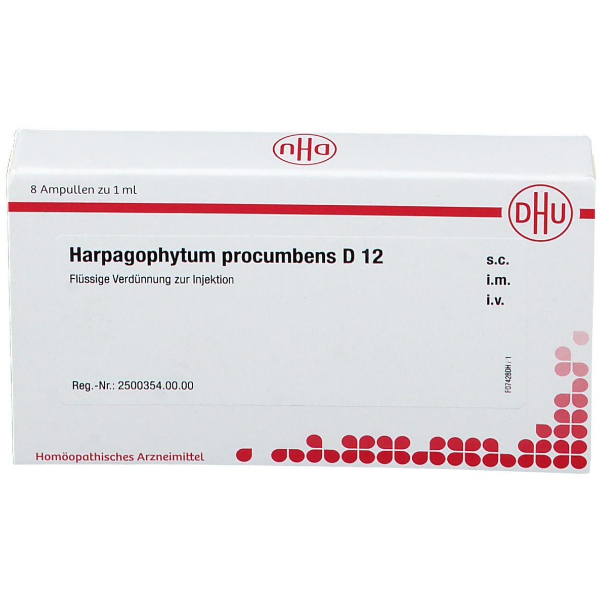 Weiße Schachtel mit roter Schrift. Aufschrift: Harpagophytum procumbens D 12. DHU-Logo. 8 Ampullen à 1 ml.