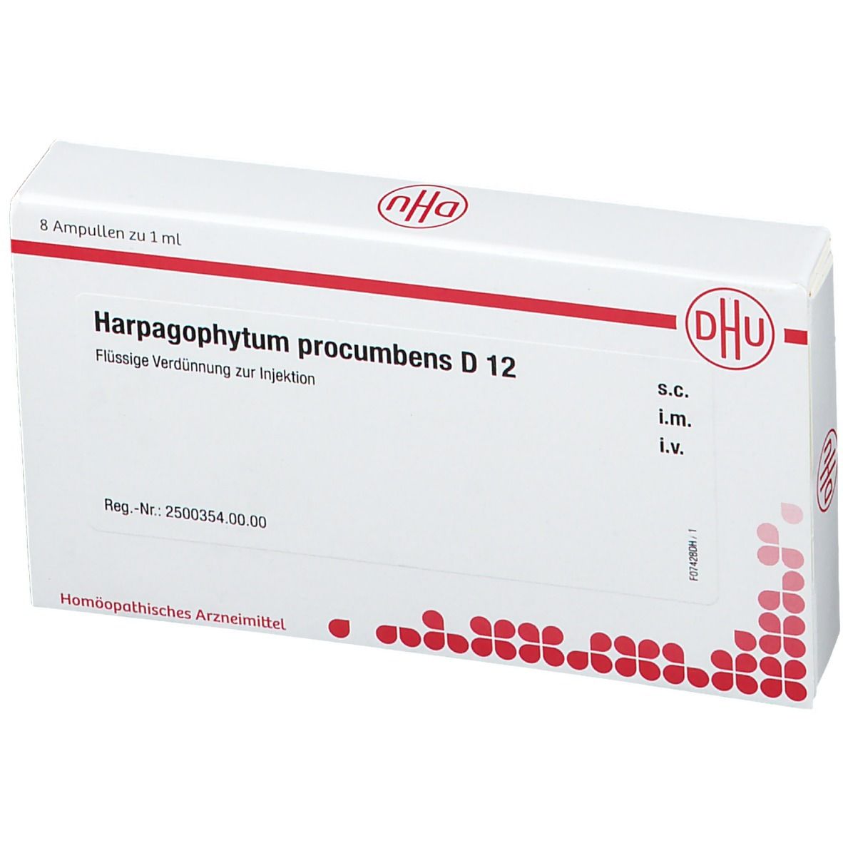 Weiße Schachtel mit roter Schrift. Aufschrift: Harpagophytum procumbens D 12. DHU-Logo. 8 Ampullen à 1 ml.