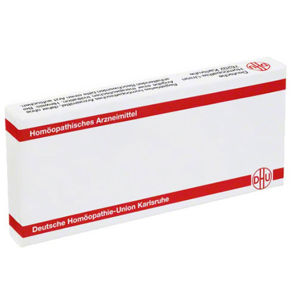 Weiße Schachtel mit roter Schrift und Logo. Beschriftung: DHU, Homöopathisches Arzneimittel, Deutsche Homöopathie-Union Karlsruhe.