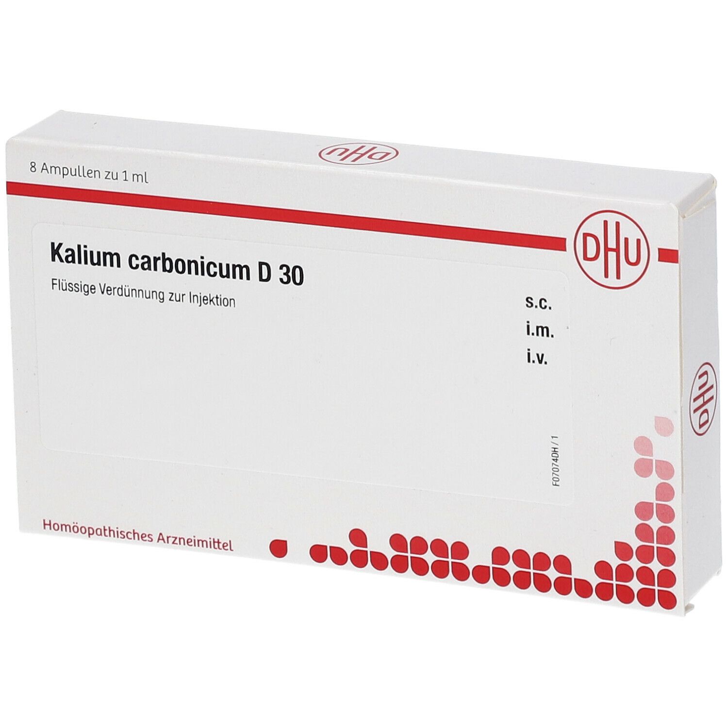 Schachtel mit DHU Kalium carbonicum D 30. 8 Ampullen. Rote und weiße Verpackung mit Logo.