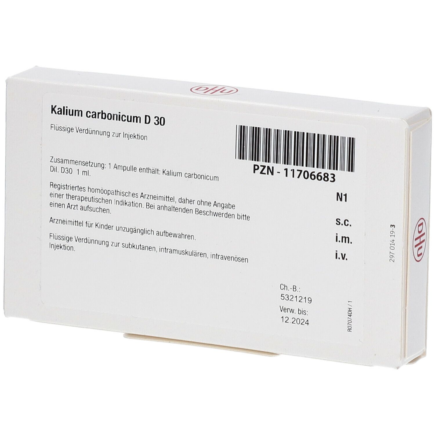 Rückseite der Schachtel DHU Kalium carbonicum D 30. Weiße Verpackung mit Text und Barcode.