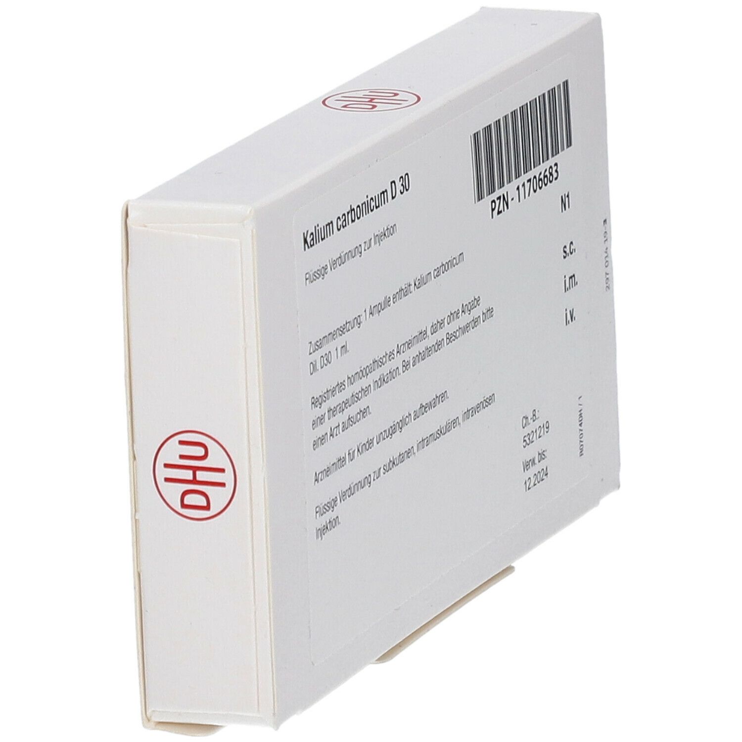 Rückseite der Schachtel DHU Kalium carbonicum D 30. Weiße Verpackung mit Text und Barcode.