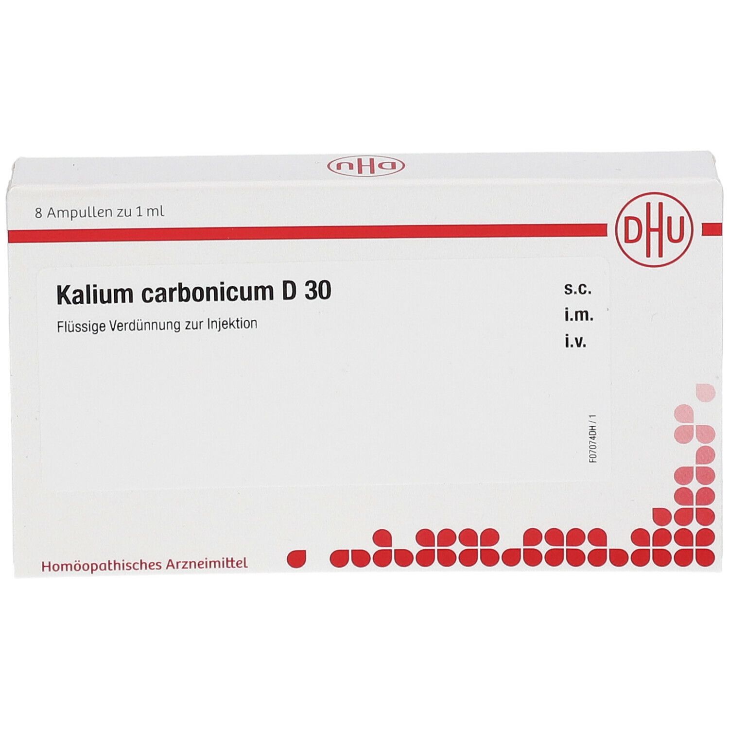 Schachtel mit DHU Kalium carbonicum D 30. 8 Ampullen. Rote und weiße Verpackung mit Logo.