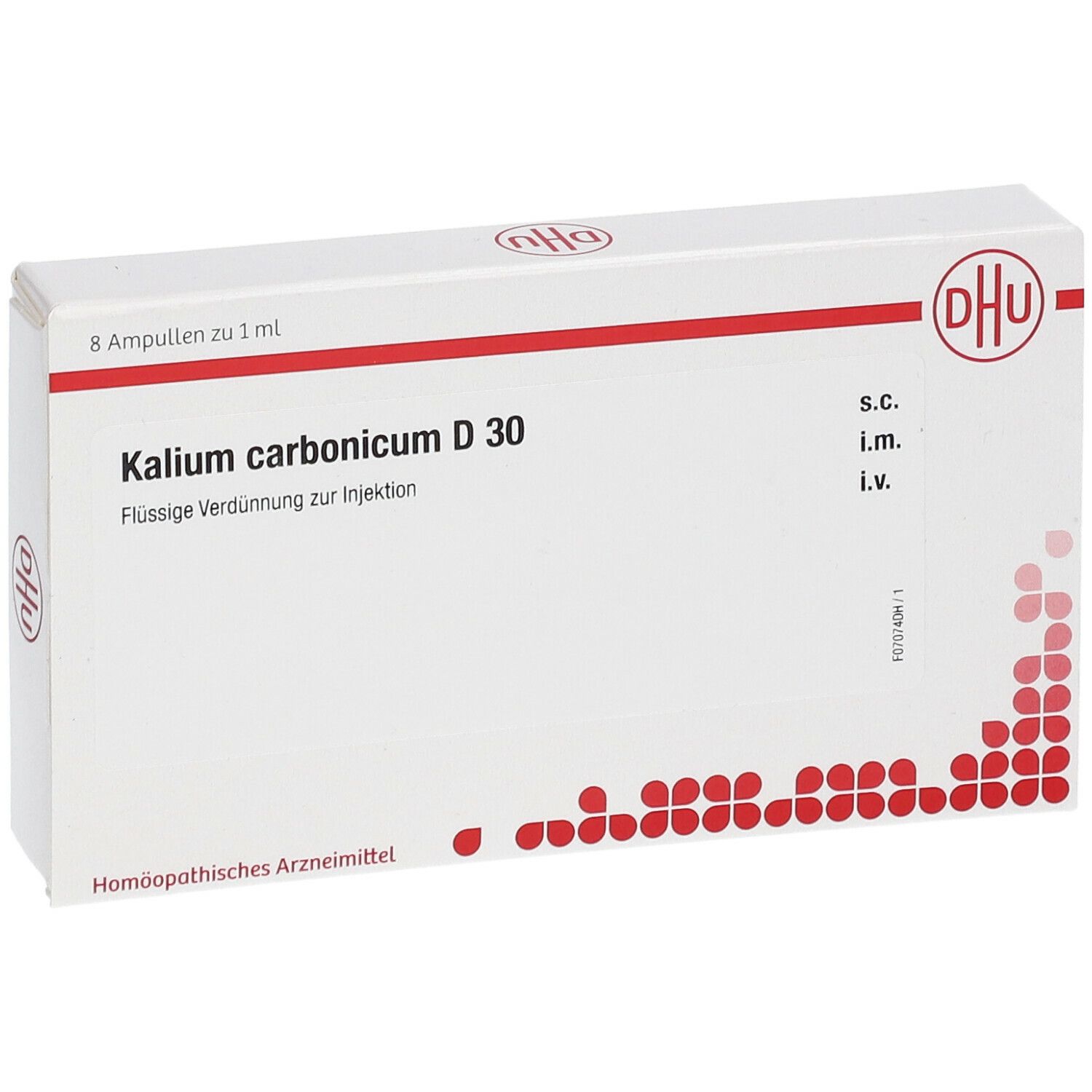 Schachtel mit DHU Kalium carbonicum D 30. 8 Ampullen. Rote und weiße Verpackung mit Logo.
