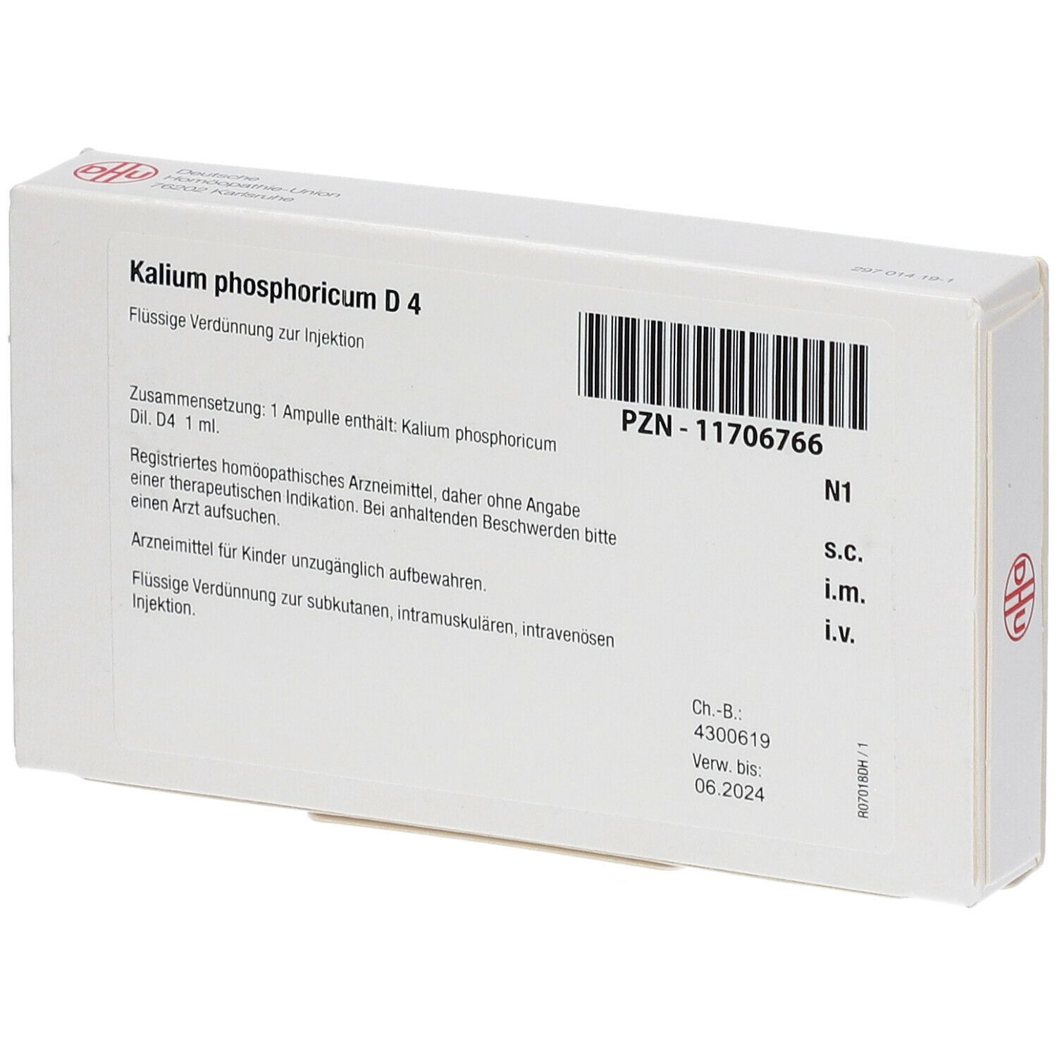 Weiße Faltschachtel mit Beschriftung: Kalium phosphoricum D 4. Barcode, PZN-11706766. DHU Logo.