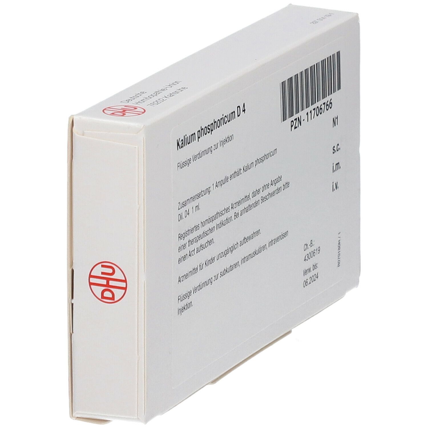 Weiße Faltschachtel mit Beschriftung: Kalium phosphoricum D 4. Barcode, PZN-11706766. DHU Logo. Seitenansicht.