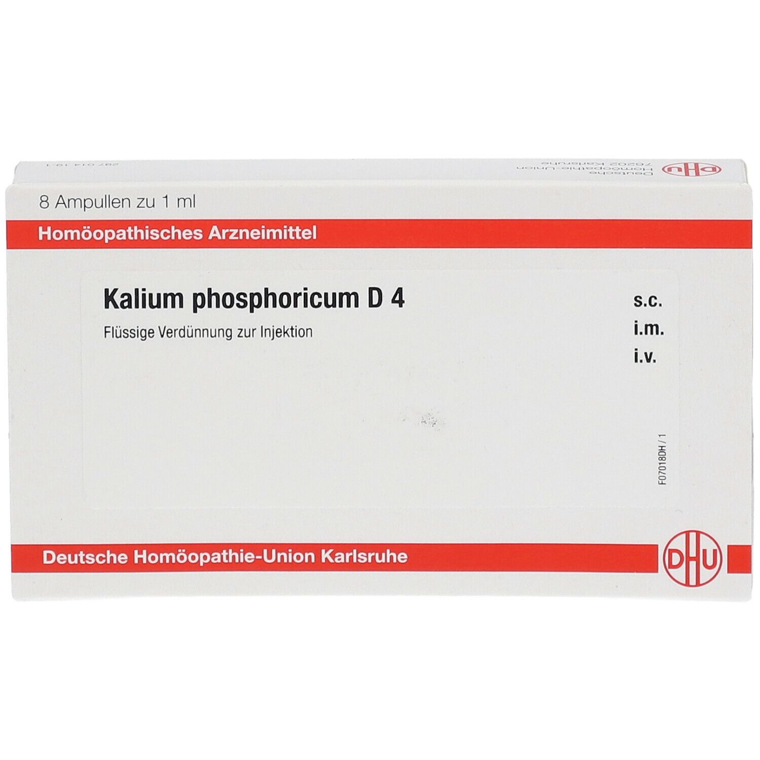 Weiße Faltschachtel mit roter Linie. Beschriftung: Kalium phosphoricum D 4, 8 Ampullen. DHU Logo.