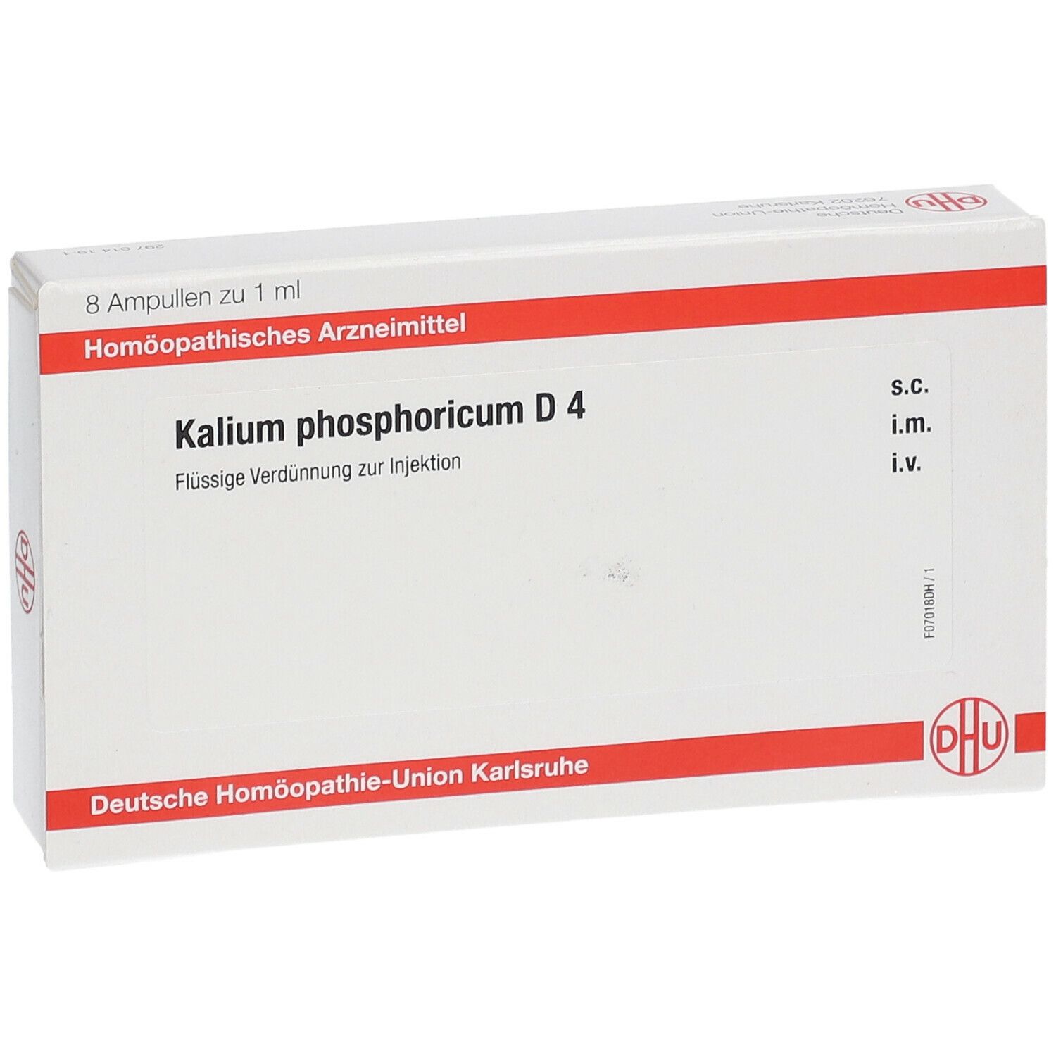 Weiße Faltschachtel mit roter Linie. Beschriftung: Kalium phosphoricum D 4, 8 Ampullen. DHU Logo.