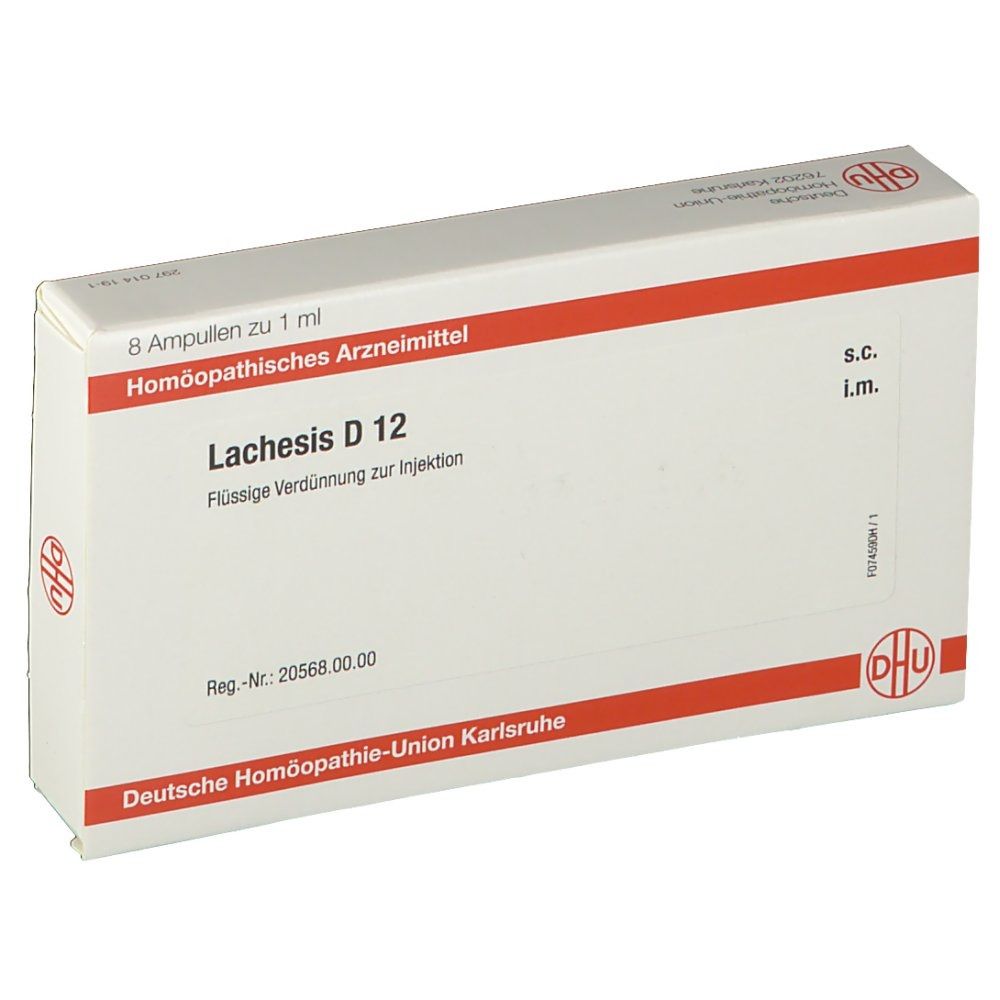 Verpackung von DHU Lachesis D12. Weiße Schachtel mit roter Linie. Text: Lachesis D 12, Flüssige Verdünnung zur Injektion, 8 Ampullen zu 1 ml.