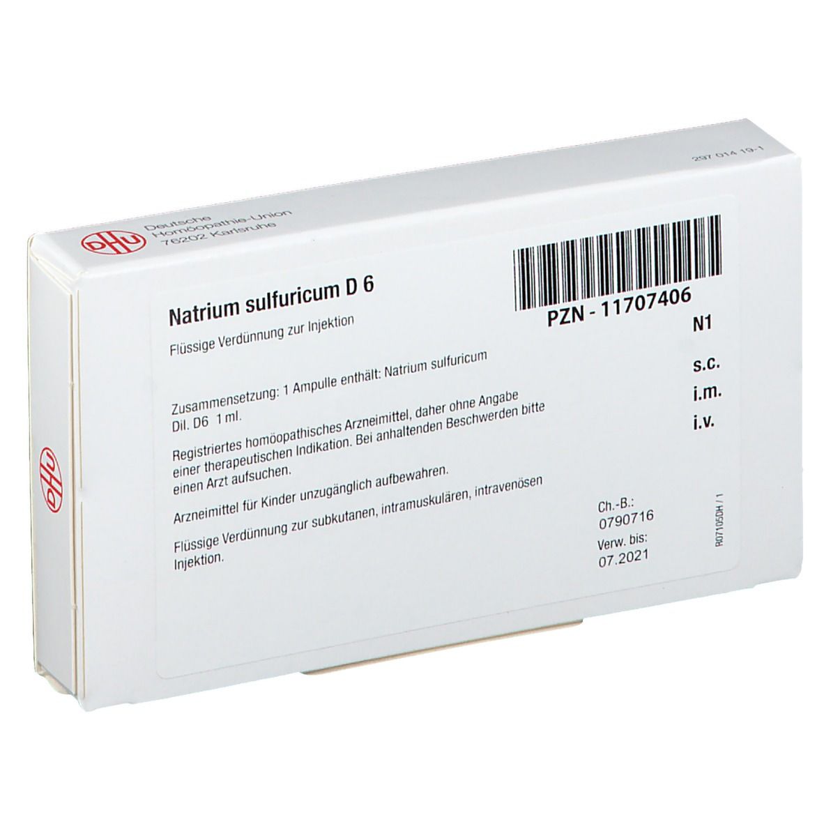 Schachtel mit Natrium sulfuricum D 6. Weiße Verpackung mit Barcode und DHU-Logo.