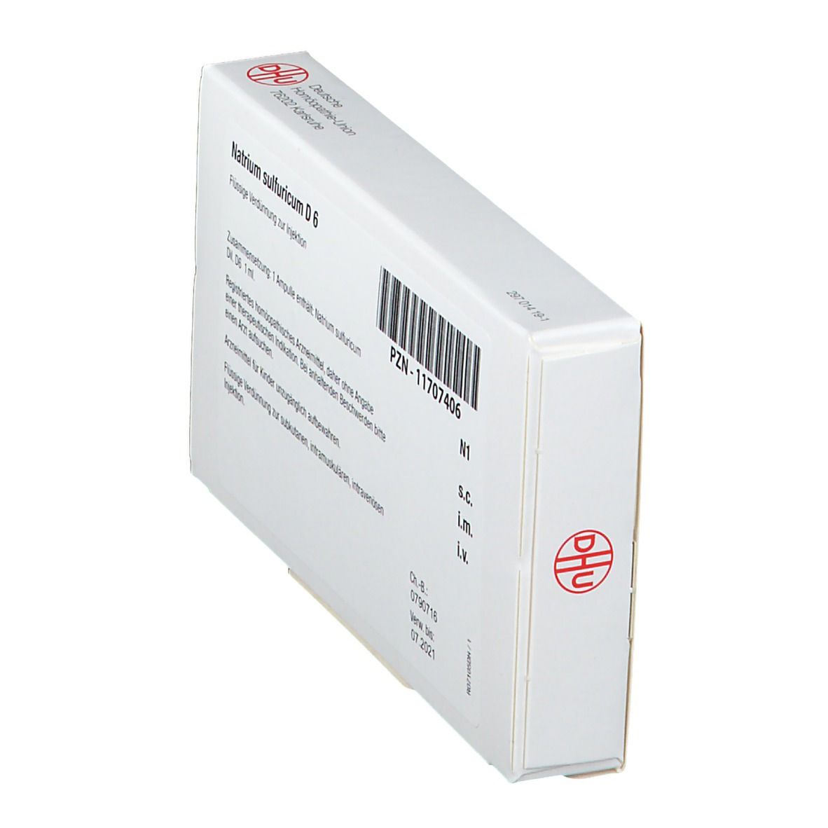 Schachtel mit Natrium sulfuricum D 6. Weiße Verpackung mit Barcode und DHU-Logo.