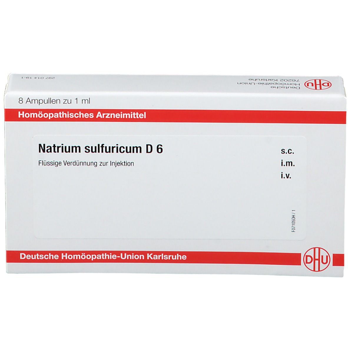 Schachtel mit Natrium sulfuricum D 6. Enthält 8 Ampullen. Rote und weiße Verpackung.