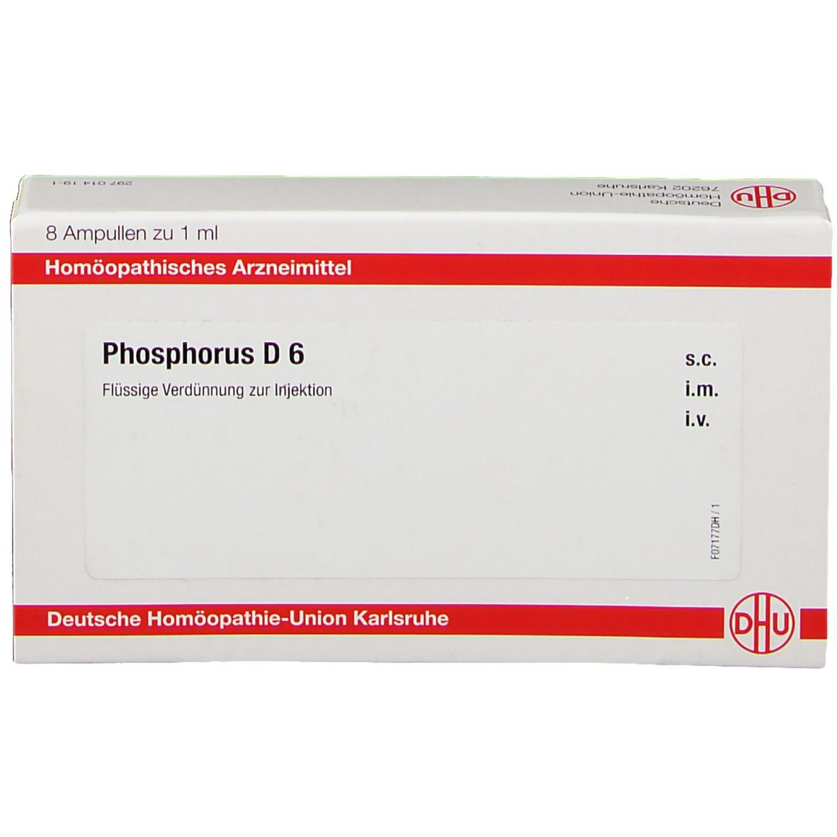 Schachtel mit "Phosphorus D6"-Ampullen. 8 Ampullen, 1 ml. Homöopathisches Arzneimittel. DHU-Logo.