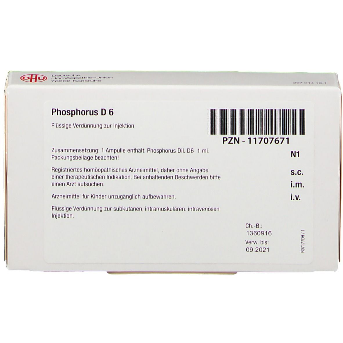 Schachtel "Phosphorus D6". Text: Flüssige Verdünnung zur Injektion. PZN-11707671. DHU-Logo. Text: Arzneimittel für Kinder unzugänglich aufbewahren.