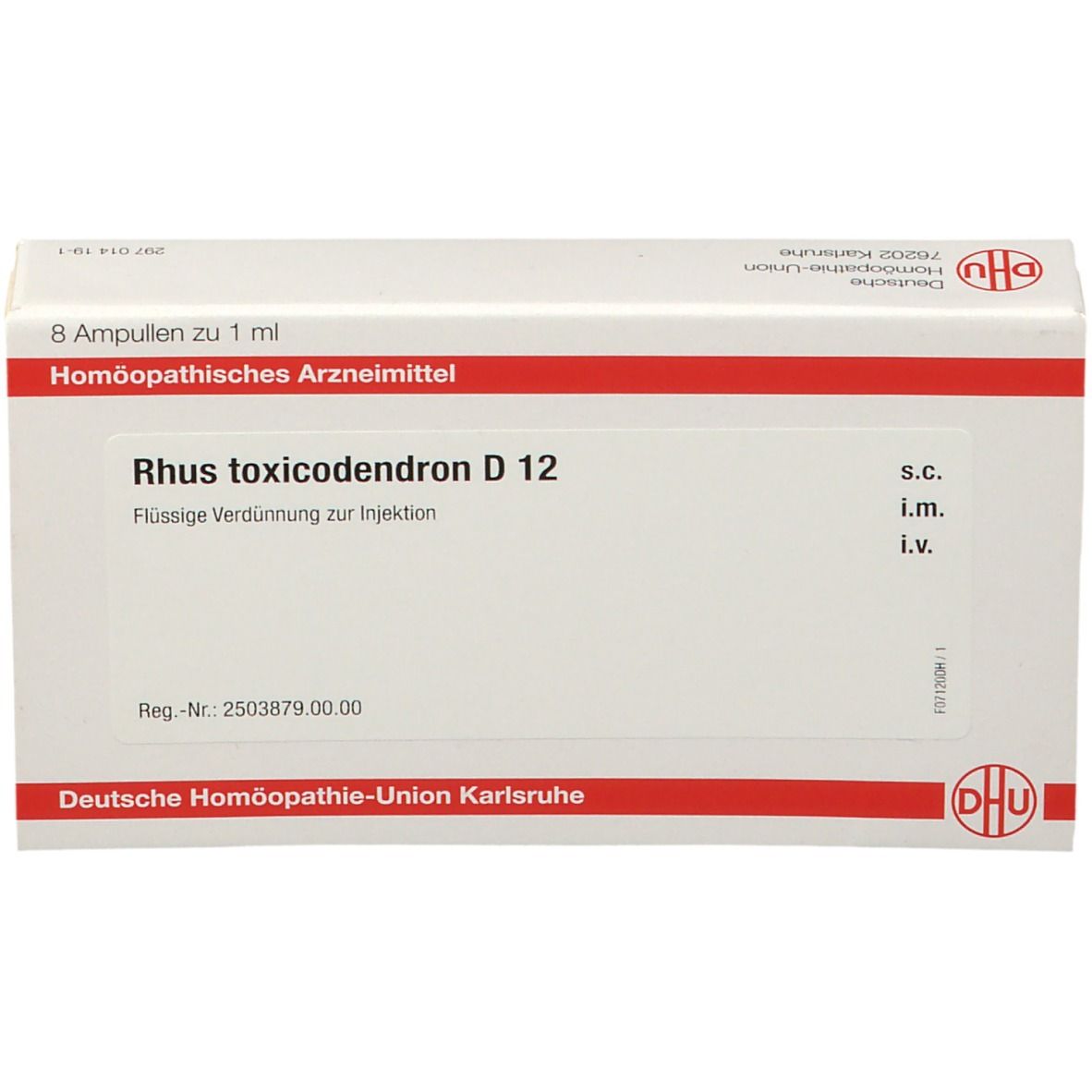 Packung mit 8 Ampullen DHU Rhus toxicodendron D12. Rote und weiße Verpackung mit Text. Homöopathisches Arzneimittel.