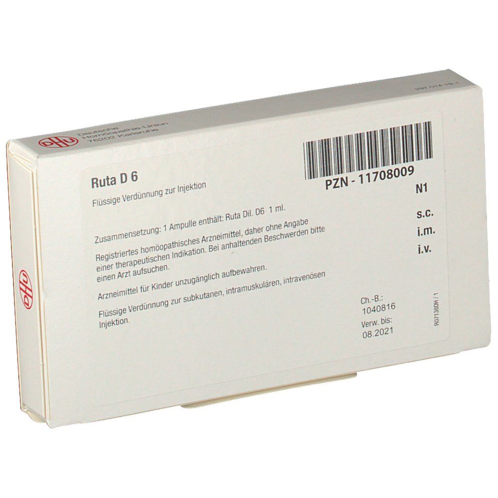 Rückseite der Schachtel. Text: Ruta D6, Flüssige Verdünnung zur Injektion. PZN-11708009. Barcode. DHU Logo. Informationen zur Anwendung.