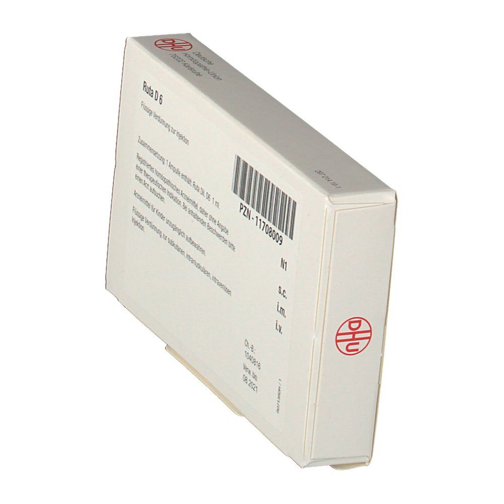 Schachtel in Schrägansicht. Text: Ruta D6, Flüssige Verdünnung zur Injektion. PZN-11708009. Barcode. DHU Logo. Informationen zur Anwendung.