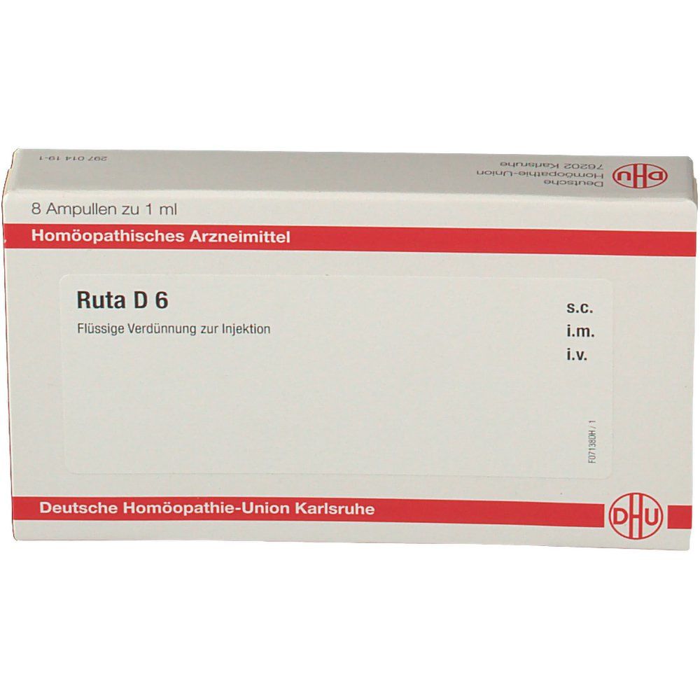 Weiße Schachtel mit roter Umrandung. Text: 8 Ampullen zu 1 ml, Ruta D6, Flüssige Verdünnung zur Injektion. DHU Logo. Angaben zur Anwendung.