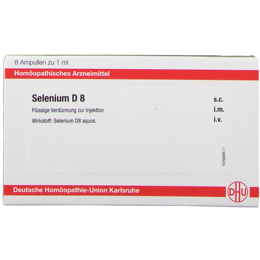 Packung mit 8 Ampullen Selenium D8. Rote und weiße Verpackung mit Text. DHU-Logo rechts unten.